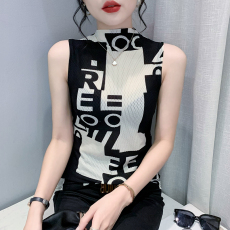 批发2026春秋新款时尚印花字母无袖半高领T恤女修身气质上衣显瘦女