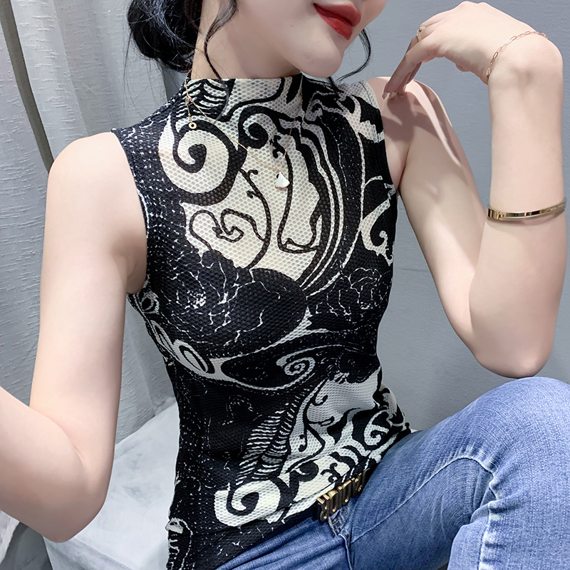 2026 봄 가을 새로운 패션 프린트 알파벳 민소매 반하이넥 티셔츠 여성 몸매 가꾸기 품격 맨위 슬림해 보이는 여성