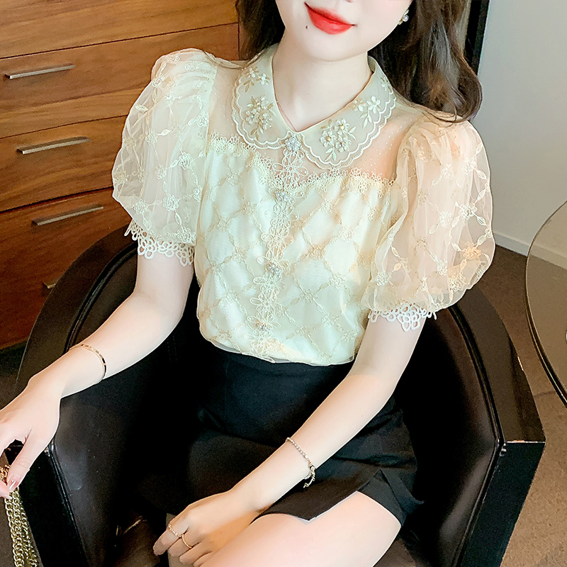 실사 여름 무거운 작업 자수 비즈 박기 홀로우 아웃 디자인 센스 작은 대중 Chic 레이스 반팔 맨위 여성 셔츠