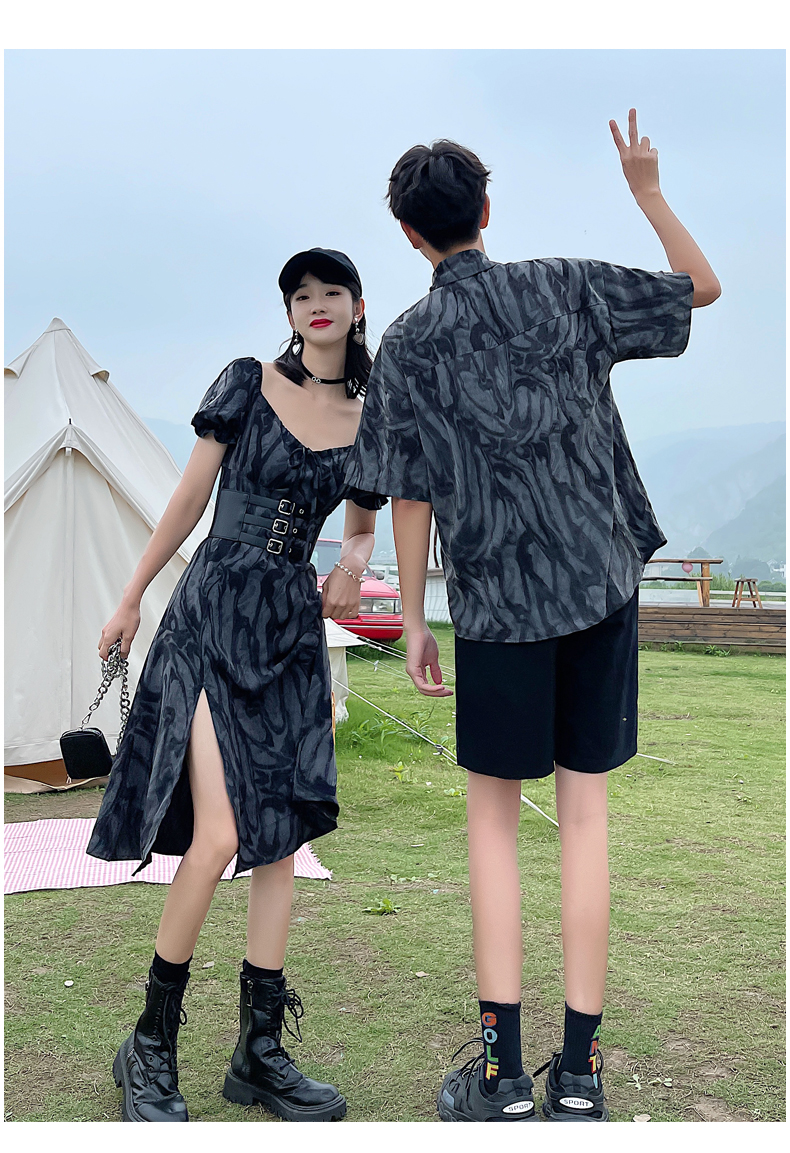 2024新款情侣松本丧丧暗黑扎染开叉长裙女收腰泡泡袖连衣裙男衬衣
