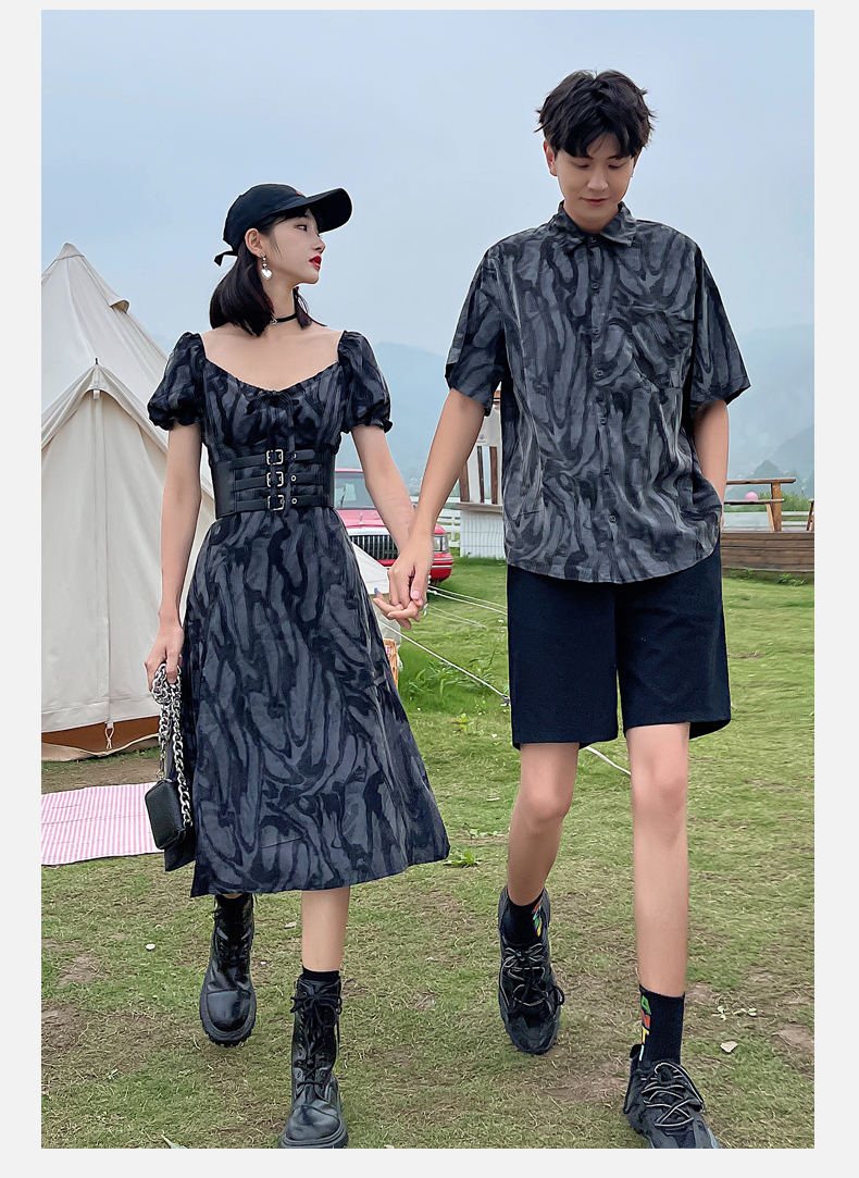2024新款情侣松本丧丧暗黑扎染开叉长裙女收腰泡泡袖连衣裙男衬衣