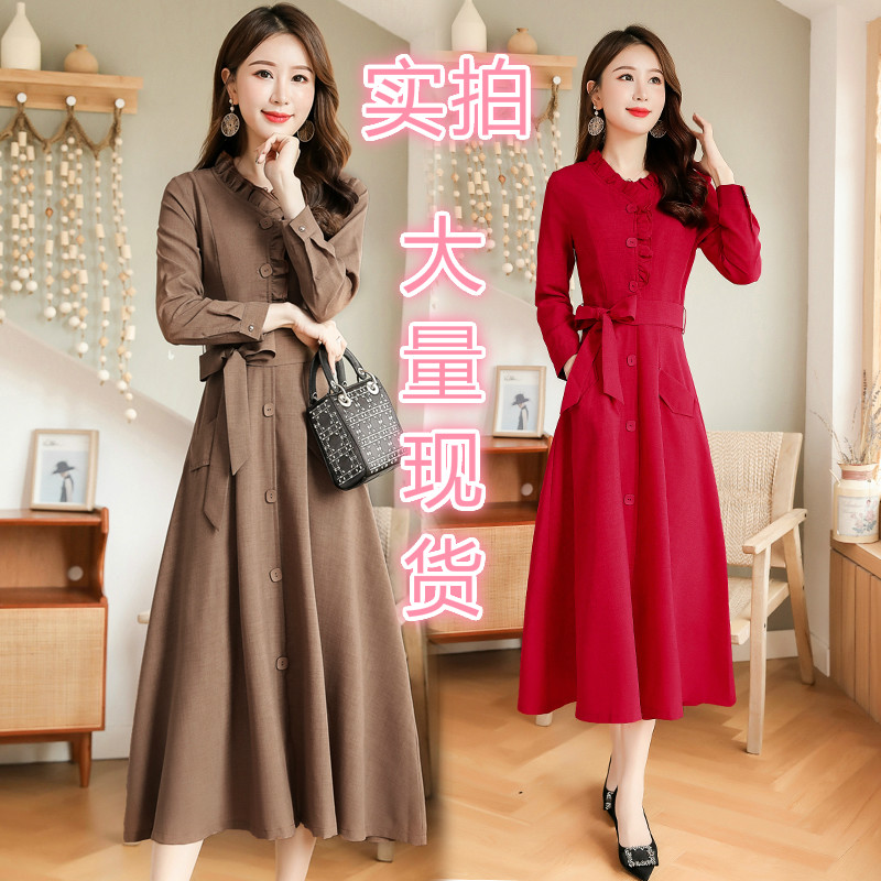 MY13327# 新款流行裙子亚麻收腰显瘦气质长袖棉麻连衣裙女裝貨源服裝批發