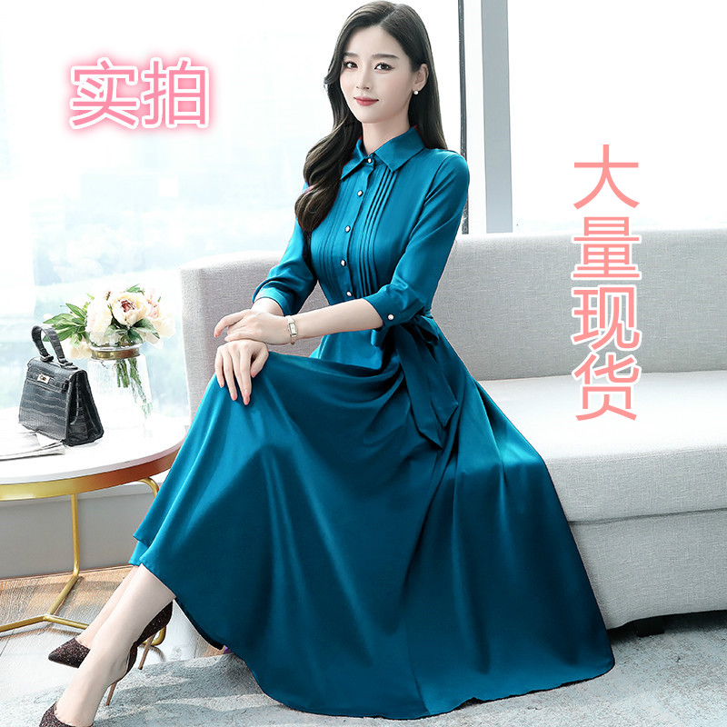MY6920# 春夏新款醋酸缎面七分袖贵妇连衣裙修身时尚中长裙女裝貨源服裝批發