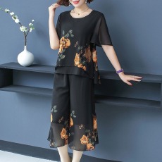 批发雪纺夏装上衣裤子套装衣服中年年轻妈妈洋气<b class='q'>中老年</b>女秋装两件套