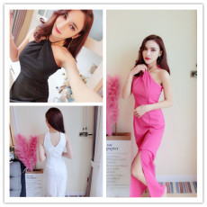 批发模特实拍晚礼服长款挂脖露背礼服年会修身开叉晚装小礼服裙