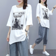 批发大码女装洋气遮肚子上衣宽松牛仔裤胖mm显瘦遮肉套装胖妹妹春夏装