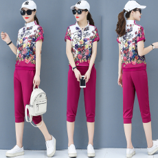 批发2026新款<b class='q'>夏</b>季冰丝运动休闲套装女士中年时尚印花短袖减龄两件套薄