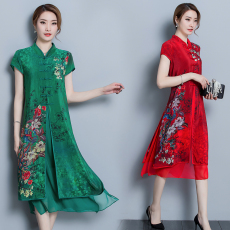 批发高端反季双层真丝连衣裙中<b class='q'>长款</b>桑蚕丝杭州丝绸妈妈大码改良<b class='q'>旗袍</b>夏