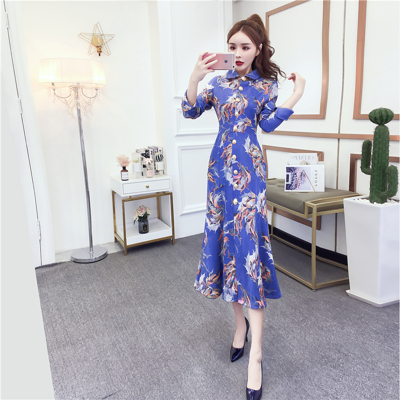 MY15028# 时尚气质鹿皮绒印花长款外套显瘦收腰连衣裙女裝貨源服裝批發