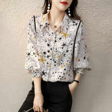 批发2026春装新品韩版时尚休闲简约飘逸印花雪纺<b class='q'>衬衫</b>女<b class='q'>衬衣</b>