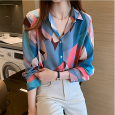 批发实拍洋气休闲秋季<b class='q'>新款</b>女装翻领彩色<b class='q'>雪纺衫</b>上衣开衫衬衫打底衫衬衣