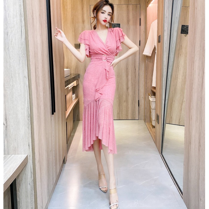 MY6127# 夏季时髦洋气vc领荷叶边飘逸礼服长裙包臀连衣裙女裝貨源服裝批發