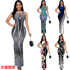 批发2022外贸<b class='q'>欧美女</b>装 速卖通亚马逊 数码印花圆领无袖侧开叉连衣裙
