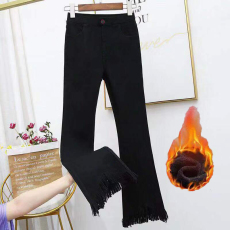 批发实拍大码胖MM加绒加厚修身微喇叭裤<b class='q'>牛仔裤</b>女高腰流苏长裤