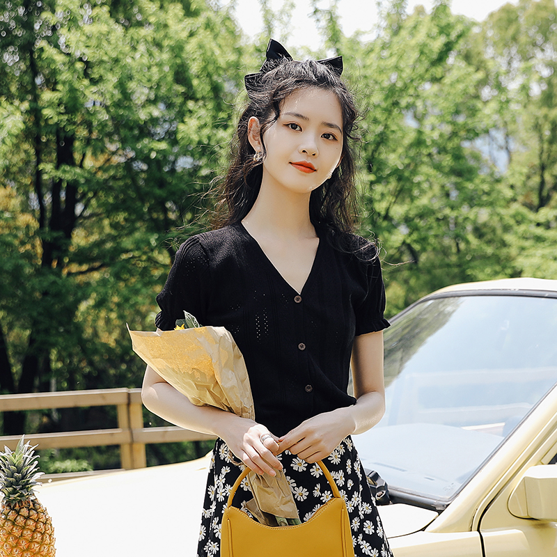 2026 실사 새로운 외부 가져 가라. 오픈 가디건 뭉치 소매 잠금 V넥 슬림해 보이는 쇼트 스타일 니트 스웨터 여성 여름
