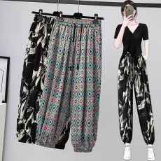 批发实拍大码女装<b class='q'>雪纺</b>冰丝<b class='q'>哈伦裤</b>女薄款显瘦宽松束脚九分休闲裤