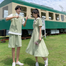 批发实拍情侣装夏装新款收腰短袖<b class='q'>连衣裙</b>女运动套装学生班服