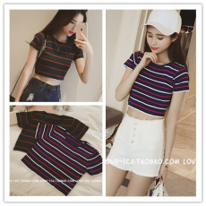 批发韩国东大门女装2026韩版百搭条纹露脐针织衫