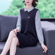 批发8849#直筒显瘦时尚条纹长袖翻领拼接假两件连衣裙女2021秋季新款