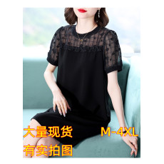 批发黑色短袖连衣裙女<b class='q'>夏</b>季2022新款中年妈妈气质显瘦大码宽松雪纺裙子