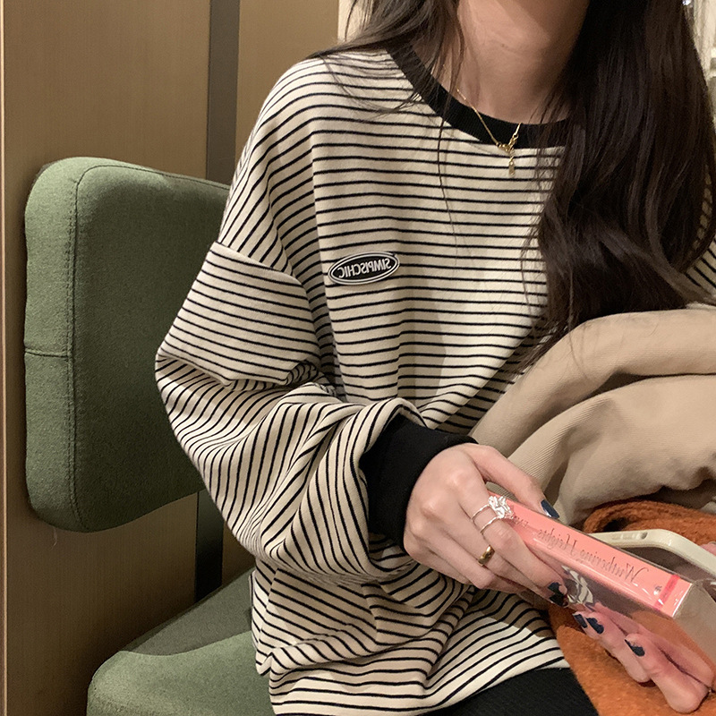스트라이프 티셔츠 기본 셔츠 여성 가을 새로운 라운드 넥 긴팔 후드티 여성 한국 스타일 맨위 서비스