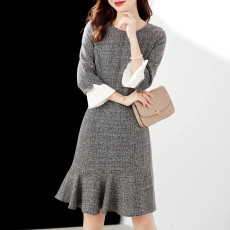 批发荷叶边撞色拼接秋收腰色织公主线七分袖女式<b class='q'>连衣裙</b>2026年春季