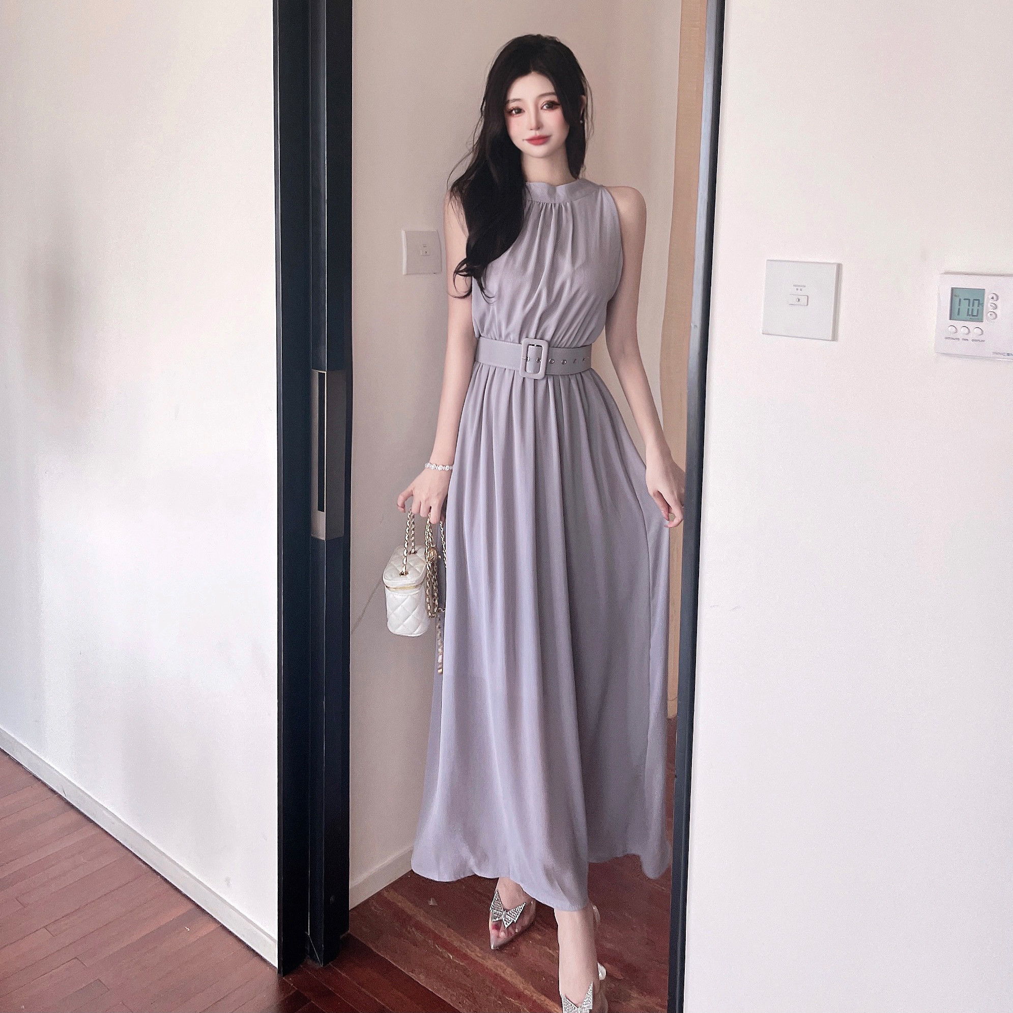 PF29539#法式超仙温柔风优雅性感垂感高级修显瘦v领小礼服雪纺连衣裙女裝貨源服裝批發