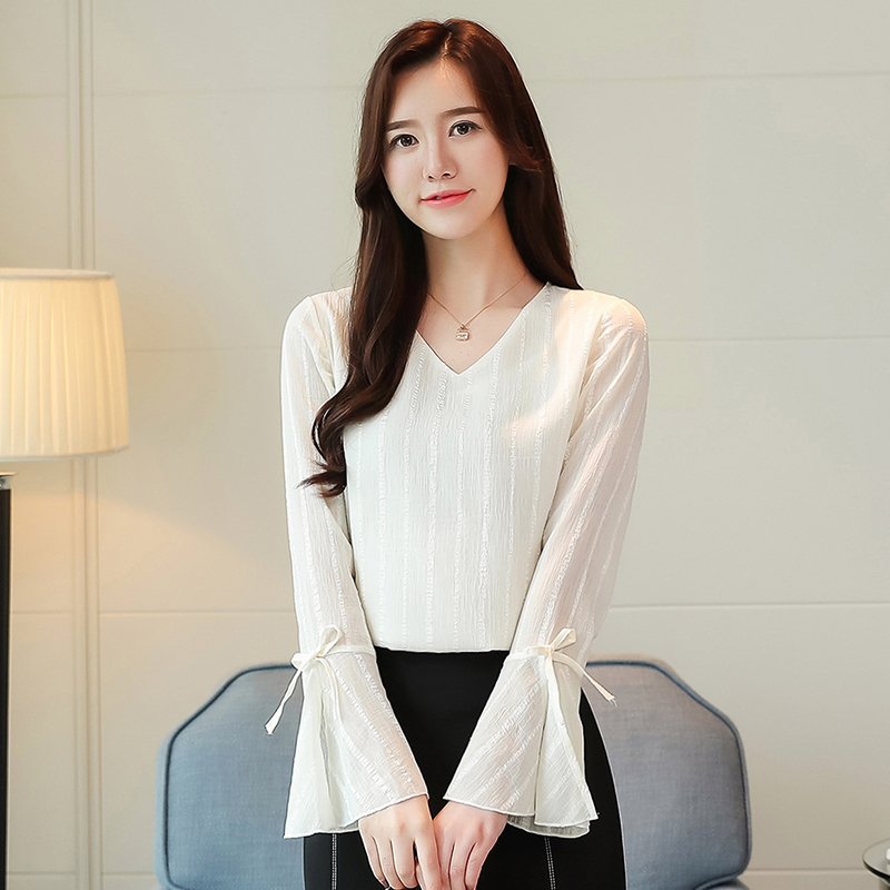MY12727# 遮肚子雪纺衫上衣秋装新款女装洋气纯色V领衬衫女小衫打底衫女裝貨源服裝批發