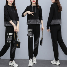 批发实拍 春季套装女 潮牌宽松拼接牛仔印花长袖两件套时尚大码<b class='q'>女装</b>