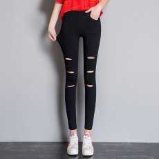 批发5302#九分毛边<b class='q'>破洞</b>松紧腰<b class='q'>打底裤</b>女裤子紧身九分小脚铅笔裤女学生