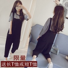 批发实拍春秋季孕妇<b class='q'>背带</b>裤套装新款两件套装条纹<b class='q'>背带</b>裤长短袖春夏款