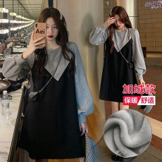 批发#加绒# #孕妇装A摆冬款简约网红拼接气质甜美中长款连衣裙