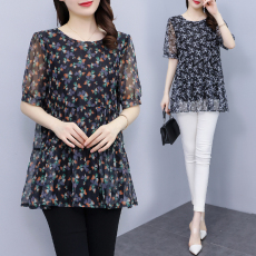 批发胖mm加大码T恤2022夏新款宽松网纱<b class='q'>印花</b>显瘦减龄中长款上衣