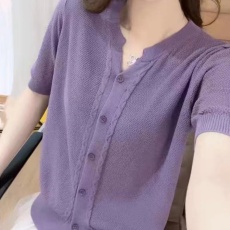 批发洋气百搭冰丝短袖针织开衫女2022<b class='q'>夏</b>季新款薄款透气重工提花上衣女