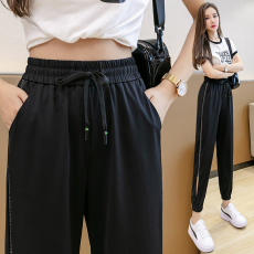 批发实拍高腰冰丝休闲裤女2023春夏韩版宽松烫钻显瘦哈伦束脚裤九分裤