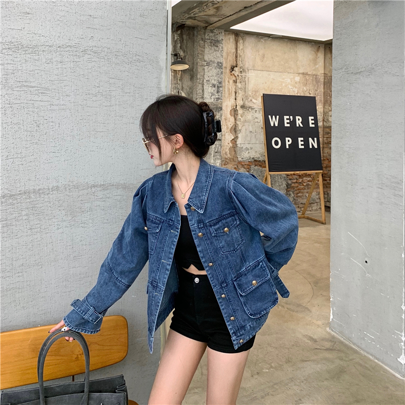 Real shot!  Korean style chic Hong Kong style denim shirt women's design lapel versatile cardigan jacket