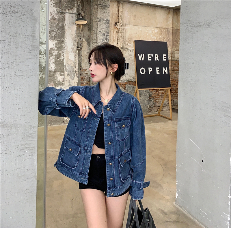 Real shot!  Korean style chic Hong Kong style denim shirt women's design lapel versatile cardigan jacket