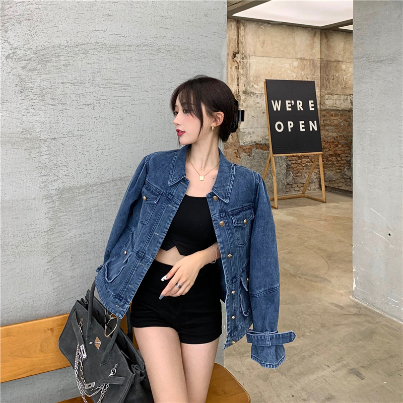 Real shot!  Korean style chic Hong Kong style denim shirt women's design lapel versatile cardigan jacket