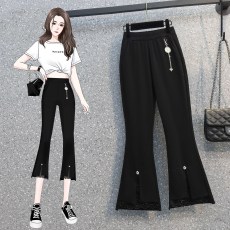 批发实拍大码胖MM夏新款弹力松紧腰微喇叭裤女裤七分裤蕾丝拼接开叉