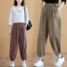 批发实拍春季新款复古全棉休闲裤女百搭松紧腰编织<b class='q'>哈伦</b>裤纯色显瘦长裤