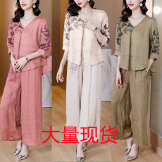 批发2023年<b class='q'>春</b>季复古文艺上衣衬衣宽松轻薄民族风印花苎麻衬衫套装