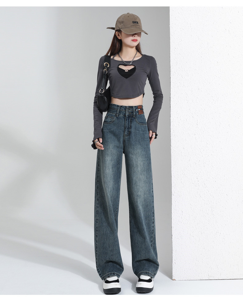 American high street straight jeans for women in spring and autumn 2023 new item, short tall waist wide leg casual pants_voghion.com