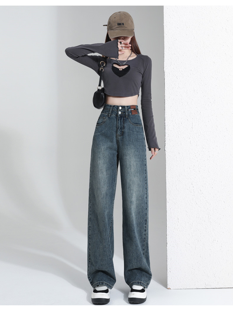 American high street straight jeans for women in spring and autumn 2023 new item, short tall waist wide leg casual pants_voghion.com