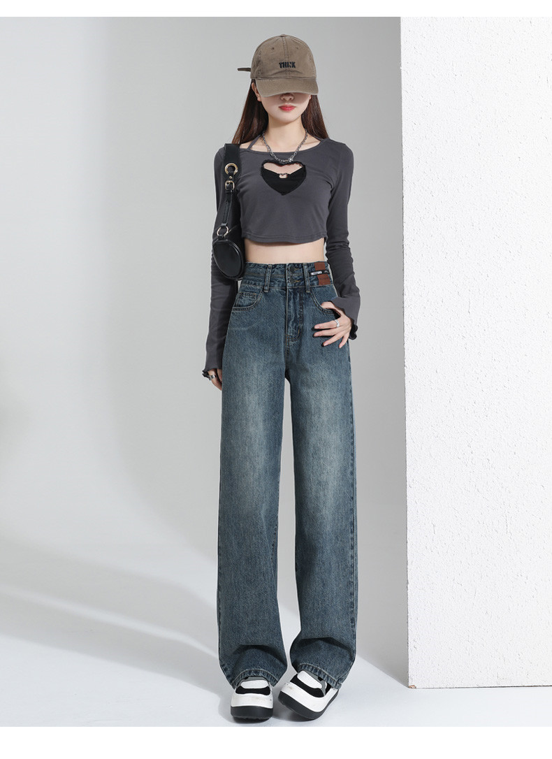 American high street straight jeans for women in spring and autumn 2023 new item, short tall waist wide leg casual pants_voghion.com