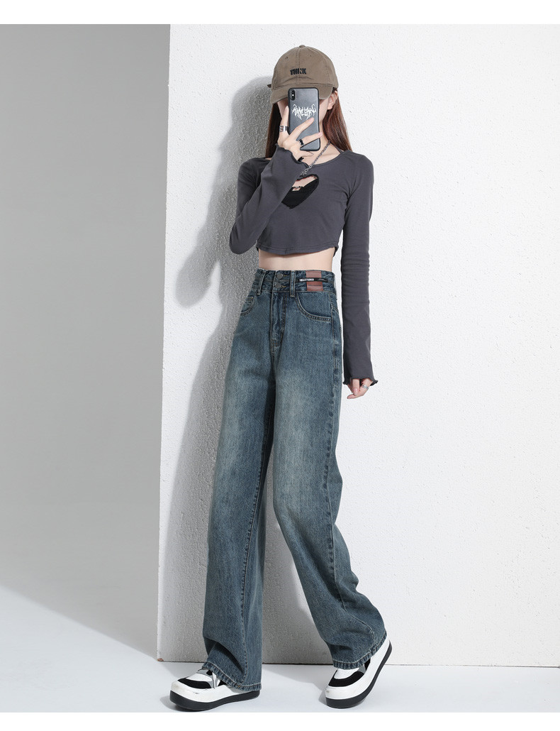 American high street straight jeans for women in spring and autumn 2023 new item, short tall waist wide leg casual pants_voghion.com