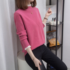 批发包芯纱面料2026春秋新款胖mm宽松显瘦蕾丝拼接针织衫<b class='q'>大码</b><b class='q'>女装</b>毛衣