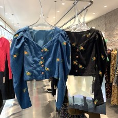 批发韩国东大门2025秋装新款V领系扣宽松百搭泡泡袖刺绣衬衫女<b class='q'>设计</b>感
