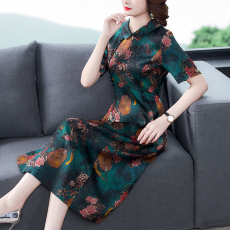 批发杭州真丝香云纱连衣裙女桑蚕丝夏新款重磅复古<b class='q'>中老年</b>妈妈旗袍<b class='q'>裙子</b>