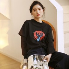 批发假两件街头长袖<b class='q'>T</b><b class='q'>恤</b>女学生韩版宽松春秋装印花设计感上衣女<b class='q'>原宿风</b>