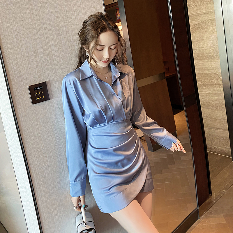 MY12740# 新款抖音爆款气质衬衫连衣裙御姐风醋酸缎面裙子女裝貨源服裝...